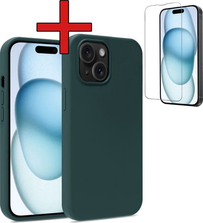 Hoesje - Met Screenprotector - Geschikt voor Apple iPhone 15 - Sterk & Shockproof - Telefoon Hoes - Back Cover - Siliconen Case - Telefoonhoes - Donkergroen