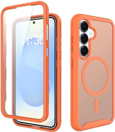 Hoesje met Ingebouwde Screenprotector Geschikt voor Samsung Galaxy S25 - Compatibel met MagSafe / Qi2 - Full Protect - Schokbestendige Beschermhoes - Case Matte Oranje