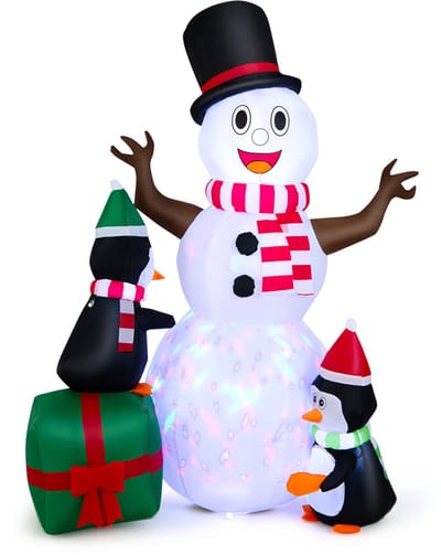 COSTWAY Opblaasbare sneeuwpop met pinguïns, 180 cm, kerstdecoratie voor buiten, XL, kerstdecoratie voor buiten, met kleurrijke ledverlichting, feestdecoratie, zelfopblazend