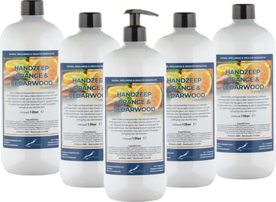 Handzeep Sweet Orange & Cedarwood 1 liter - met gratis pomp - set van 5 stuks - Voordeelverpakking