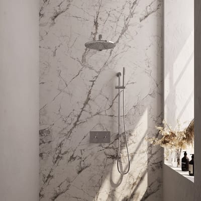 Brauer Chrome Carving thermostatische inbouw regendouche met drukknoppen SET 62 met 30 cm douchekop en rechte muurarm en staaf handdouche en doucheslang en geïntegreerde glijstang chroom
