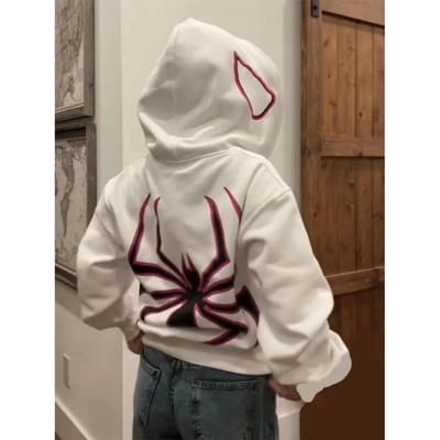 Hoodies met spinnenprint Herfst Winter Harajuku Punk Losse Hoodie Sweatshirt Koppel Hip Hop Rits Lange Mouw Jas Jassen S wit