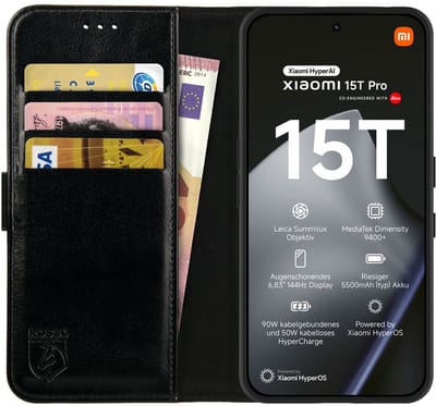 Rosso Element Geschikt voor Xiaomi 15T Pro | Wallet Book Case | Portemonnee Hoesje | 3 Pasjes | Magneetsluiting | Stand Functie | Zwart