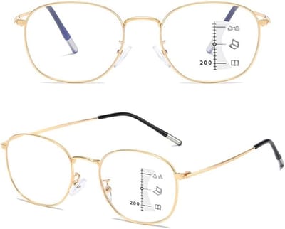 Modieuze ronde schuifbril met multifocale progressieve lenzen, bescherming tegen blauw licht, uniseks, ultralicht metalen montuur, werkbril, leeshulpmiddel, (100°)