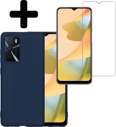 Hoesje - Met Screenprotector - Geschikt voor OPPO A16 - Sterk & Shockproof - Back Cover - Siliconen Case - Telefoon Hoes - Telefoonhoesjes - Donkerblauw