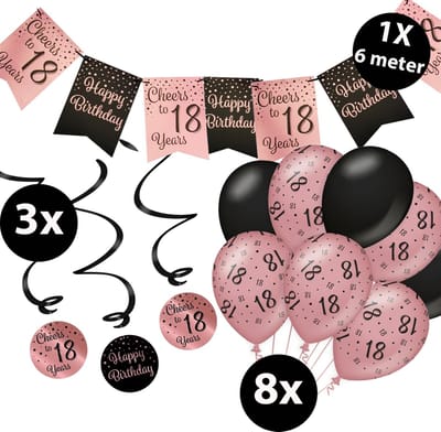 Verjaardag Versiering Pakket 18 jaar Roze en Zwart - Ballonnen Zwart & Roze (8 stuks) - Vlaggenlijn Rosé en Zwart 6 meter (1 stuks) - Vlaggenlijn gekleurd 18 jarige - Vlaggetjes Slinger Verjaardag 18 Birthday - Birthday Party Decoratie (18 Jaar)