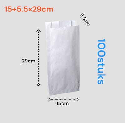 Papieren Zakjes - 100 stuks - Wit - 15x5.5x29 cm – met Zijvouw - Voor Brood, Fruit, Cadeaus & Koekjes