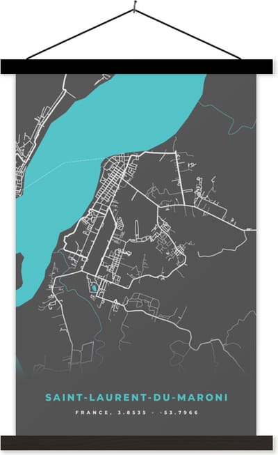Posterhanger incl. Poster 40x60 cm - Schoolplaat - Saint-Laurent-du-Maroni - Plattegrond - Stadskaart - Kaart - Frankrijk - Textielposter - Zwarte latten - Stadskaart