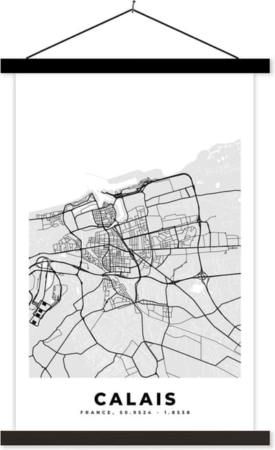 Posterhanger incl. Poster 40x60 cm - Schoolplaat - Plattegrond - Kaart - Stadskaart - Frankrijk - Calais - Textielposter - Zwarte latten - Stadskaart