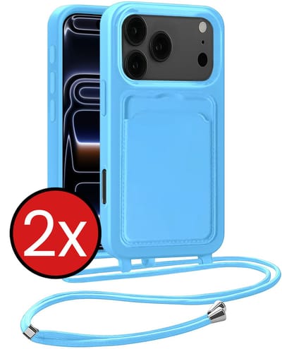 Hoesje Geschikt voor iPhone 17 Pro / 18 Pro Hoesje Met Telefoonkoord en Pasjeshouder Siliconen - Hoes Geschikt voor iPhone 17 Pro / 18 Pro Hoesje Met Kaarthouder Case - Lichtblauw - 2 PACK