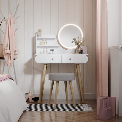 Kaptafel met Kruk - Make-up Tafel - Persoonlijke Verzorging - Geïntegreerde LED Verlichting - 80 cm Breed - Wit