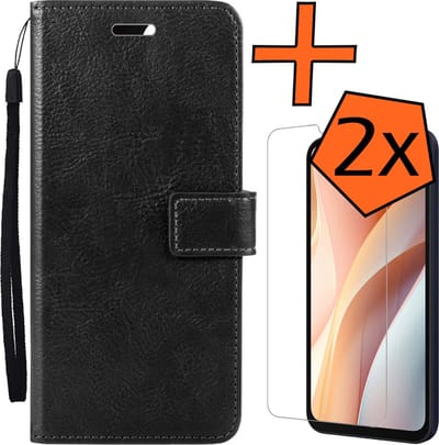 Hoes - Met 2x Screenprotector - Geschikt voor Samsung Galaxy A15 - Luxe Pasjeshouder - Bookcase Portemonee - Flip Case - Kunstleer Book Case - Flipcase Hoes - Book Cover - Walletcase - PortemonneeHoes - Zwart