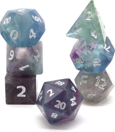 Fluorite Healing Gemstone | Edelstenen Polyset Dice | Dobbelstenen - Set Van 7 Stuks - Fluoriet Edelsteen Groen Paars Blauw Bruin Grijs met Zilveren Cijfers | Polydice | D&D Rollenspellen | Dobbelstenen Set Dungeons and Dragons | Mooi Opberg Doosje