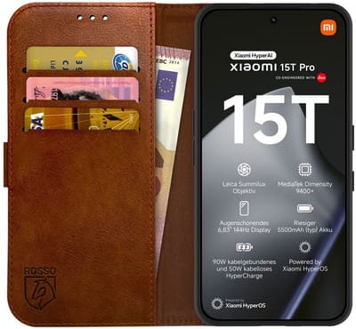 Rosso Element Geschikt voor Xiaomi 15T Pro | Wallet Book Case | Portemonnee Hoesje | 3 Pasjes | Magneetsluiting | Stand Functie | Bruin