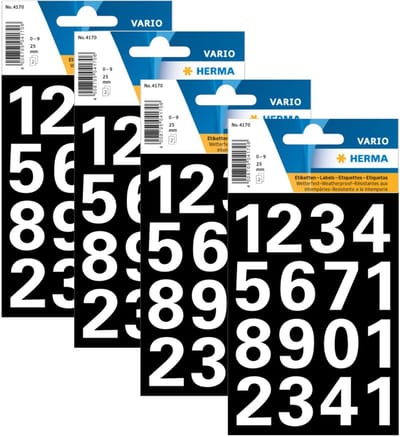 Herma Stickervel nummers - cijfers / getallen - 0 t/m 9 - 4x vellen - wit - 25 mm - watervast