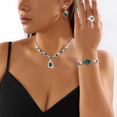 Luxe Groen Kristal Waterdruppel Sieradenset Voor Vrouwen Vol Strass Zirkonia Kettingen Armband Ring Oorbellen Huwelijksgeschenk brown