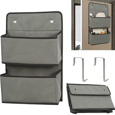 50 x 20,5 cm Hangende Organizer, Hangende Opbergruimte voor Aan de Deur met 2 Vakken en 2 Haken, Grijs Hangende Deurorganizer, Deurrek Om Op Te Hangen, voor Badkamer, Slaapkamer, Kinderkamer