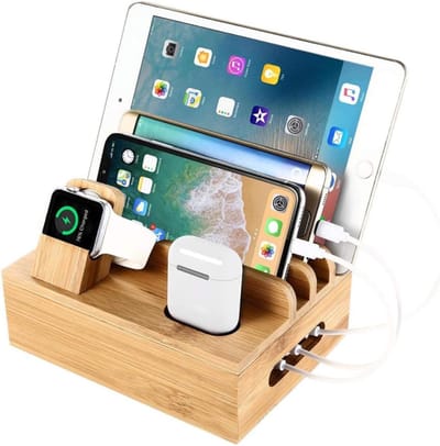 Oplaadstation Meerdere Apparaten - Lader Stand - Bureau Organizer - Verborgen Kabelbeheer - 19x15x8 cm - Natuurlijk Bamboe