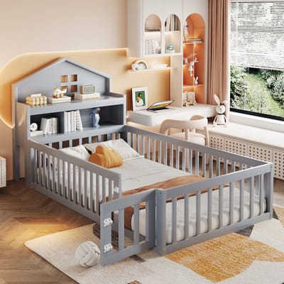 MODFU - Kinderbed 90x200 cm – Grijs massief hout met huisvorm & krijtbord – Lattenbodem