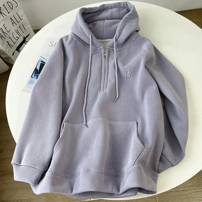 Half-zip Pluche Hoodie Dames Herfst Winter Lange Mouw Verdikt Fleece Losse Zakjas Top XXL paars