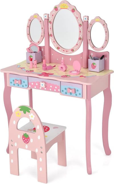 Make-uptafel voor kinderen, make-uptafel met 3-voudige spiegel, 2-in-1 kaptafel met kruk en 3 laden, make-uptafelset voor meisjes incl. enkele accessoires, in aardbeipatroon, roze