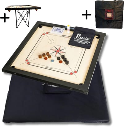 Ama-8 mm Speelveld - 12kgs. 74x74 cm - 82x82cm INDIA made Carrom spel - Origineel Toernooi - inkl. Cover + Tafel + Tas
