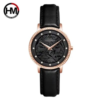 HANNAH MARTIN horloge met kristal diamantjes, zwarte lederen polsband, zwarte wijzerplaat, gouden horlogekast en gouden wijzers voor dames met stijl ( model 1073 P-HFH )