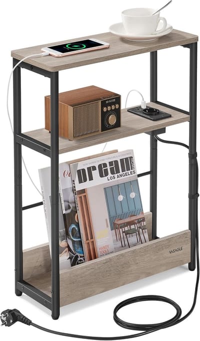 FurnStar – Smalle bijzettafel – Nachtkastje met oplaadfunctie – 3 planken & tijdschriftenhouder – 18 x 45 x 58 cm – Greige gemêleerd-inktzwart