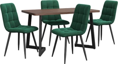Gotagee Eetset (5-delig) Eettafel met 4 stoelen Keukentafel set met zwarte metalen poten MDF tafelblad in walnootkleur Donkergroen Fluweel Eetkamerstoelen