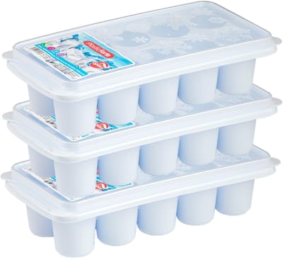 Plasticforte dikke ronde blokken ijsblokjes tray - 3x stuks - ijsklontjes - 10 vakjes - wit - met deksel - kunststof