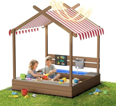 Houten Zandbak met Dak - Zandbak Kinderen - Buiten Spelen - Met Krijtbord en Kraan - 113x116x142 cm - Houtkleur