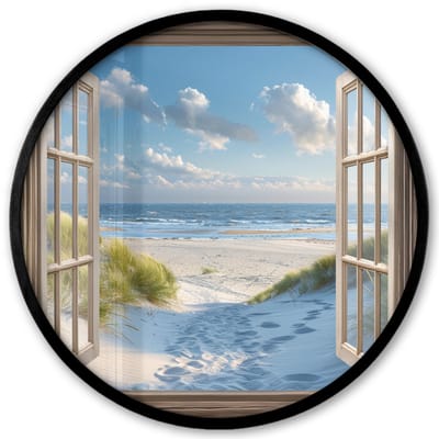 Poster in lijst Rond - Fotolijst 40x40 cm - Posters - Doorkijk - Strand - Raam - Duinen - Zee - Ronde posterlijst zwart - Decoratie - Wanddecoratie woonkamer - Muurdecoratie slaapkamer