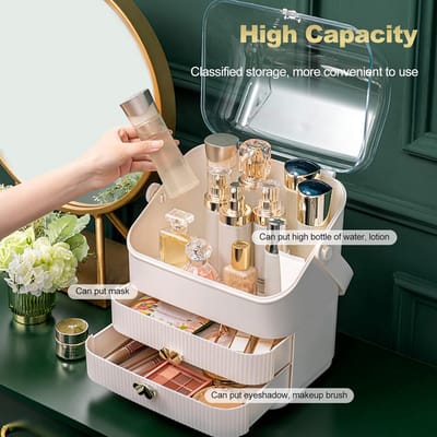 Draagbare Make-up Organizer met Stofdicht Deksel - Ruime Opbergbox voor Cosmetica met 2 Lades en Draaggreep