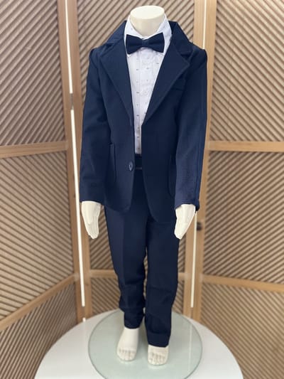 luxe jongens kostuum-kinderpak- kinderkostuum-3 delige set -marineblauwe blazer, broek, hemd, vlinderstrik-donkerblauwe kostuum -bruidsjonkers-bruiloft-feest-verjaardag-fotoshoot- communie-5 jaar maat 110