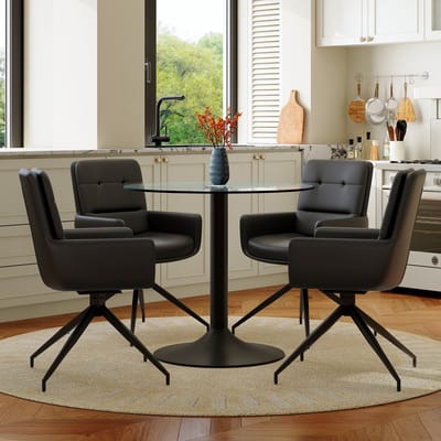 OKWISH Eettafelset 85 Cm - Ronde Glazen Tafel Met 4 Draaibare Eetkamerstoelen - Voor Eethoek - Glas Metaal PU - Zwart Transparant