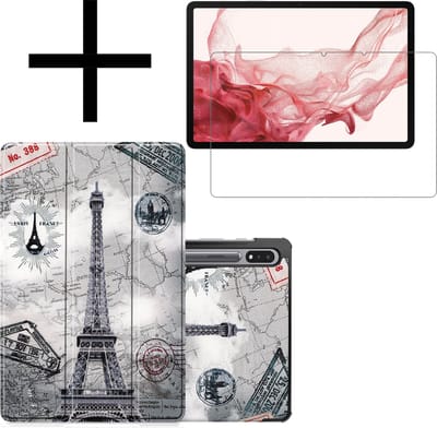 Hoes - Geschikt voor Samsung Galaxy Tab S8 - Met Screenprotector - Trifold Bookcase - Hard Cover - Hardcover Book Case - Tablet Hoesje - Eiffeltoren
