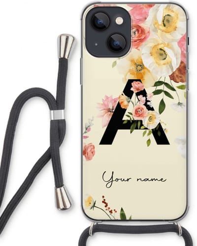 Gepersonaliseerd - Case Company® - Hoesje met koord geschikt voor iPhone 13 hoesje met Koord - Flirty Flowers Monogram - Telefoonhoesje met Zwart Koord - Extra Bescherming aan alle Kanten en Over de Schermrand