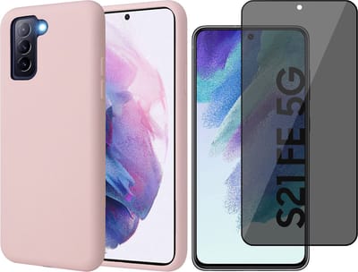 Hoesje geschikt voor Samsung Galaxy S21 FE - Matte Back Cover Microvezel Siliconen Case Hoes Roze - Tempered Glass Privacy Screenprotector