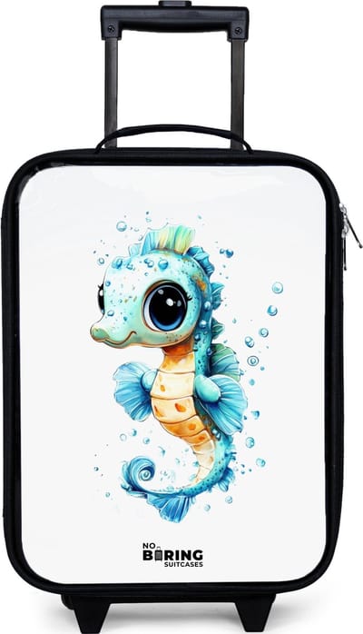 NoBoringSuitcases.com® - Kinderkoffer jongen - Kindertrolley meisje - Blauw zeepaardje met grote ogen en luchtbellen - Koffer kind lichtgewicht - Reiskoffer trolley voor kinderen - Koffertje met lichtgevende wieltjes - Rolkoffer zwart