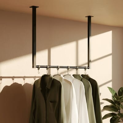 CLP Fenton Kledingstang - kledingstandaard - kledingroede - garderobestang - kleding stang - voor plafondmontage - met 6 haken - zwart