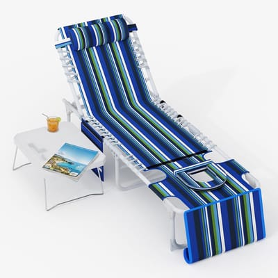 Buiten Ligbed met Gezichtsopening en Klaptafel - 3-in-1 Strandstoel Verstelbaar in 5 Standen - Opvouwbare Zonnebank Stoel met Kussen - Max. 150 kg - Beige