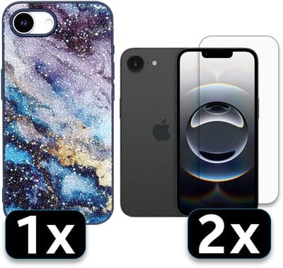 Casemania Hoesje Geschikt voor Apple iPhone 16e - Blauw - Marmer Diamant Glitter Back Cover / 2x Glazen Screenprotector