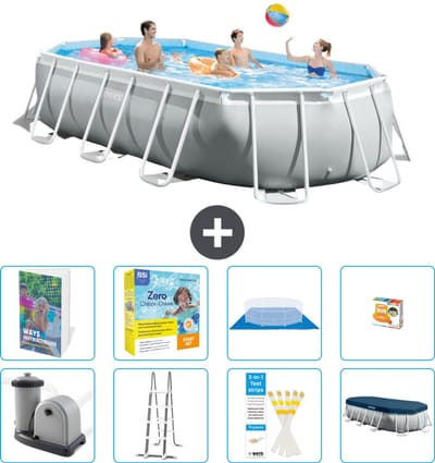 Intex Ovaal Prism Frame Zwembad - 503 x 274 x 122 cm - Grijs - Inclusief Pomp - Ladder - Grondzeil - Afdekzeil - Onderhoudspakket - Speelgoed - 9-delig