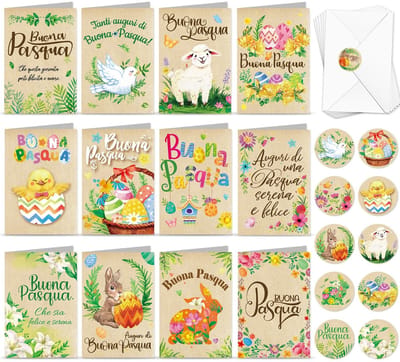 Dailygoods- Paaskaarten Set 12 Stuks - Kraftpapier - Vrolijk Pasen - Enveloppen - Stickers - Italiaanse Designs - Felicitaties - Wenskaarten