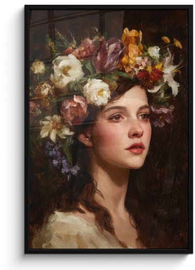 Poster in lijst - Fotolijst 80x120 cm - Posters - Portret - Vrouw - Bloemen - Posterlijst zwart - Decoratie - Wanddecoratie woonkamer - Muurdecoratie slaapkamer