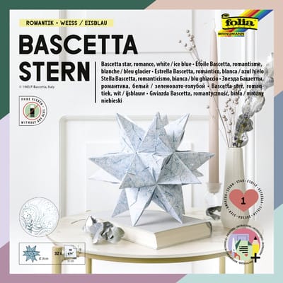 folia vouwbladen Bascetta-ster, turquoise / bedrukt, 150 x 150 mm, 90 g/m2, 32 vel