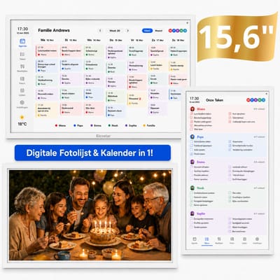 Elcostar® PRO Digitale Kalender & Digitale Fotolijst in 1 - 15,6 inch - Full HD Touchscreen - Slimme Gezinsplanner - Digitale Takenlijst - Interactief Haarddisplay - Montage voor Wand en inclusief standaard - Moeiteloze planning & overzicht
