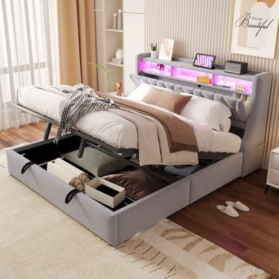 Sweiko Gestoffeerd bed - 180 x 200 cm - Opbergruimte - Met oplaadpunten - LED-verlichting - Velvet - Lichtgrijs