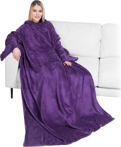 Draagbare fleece deken met mouwen voor volwassenen - super zacht en warm (violet paars)