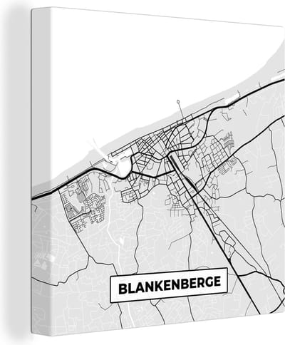 Canvas Schilderij Kaart – Plattegrond – Stadskaart – Blankenberge – België – Zwart Wit - 20x20 cm - Wanddecoratie